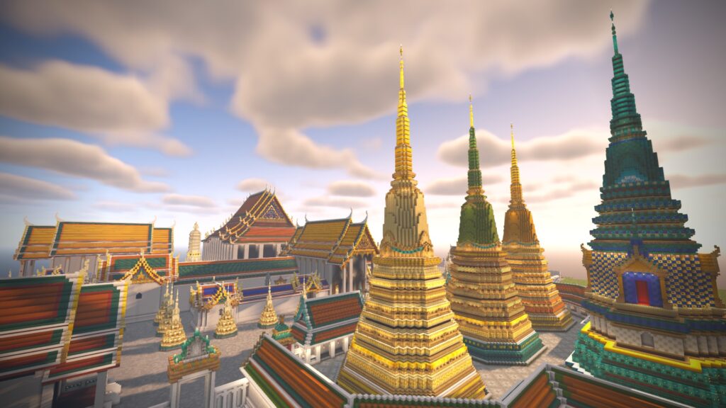ภาพงานสร้างวัดไทยใน Minecraft ที่บทความปี 2566 ระบุเครดิต BananaBoy ภาพที่ 1