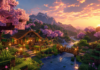 Wallpaper Minecraft บ้านเอาชีวิตรอดกลางป่าซากุระยามเย็น