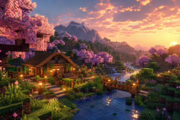 Wallpaper Minecraft บ้านเอาชีวิตรอดกลางป่าซากุระยามเย็น