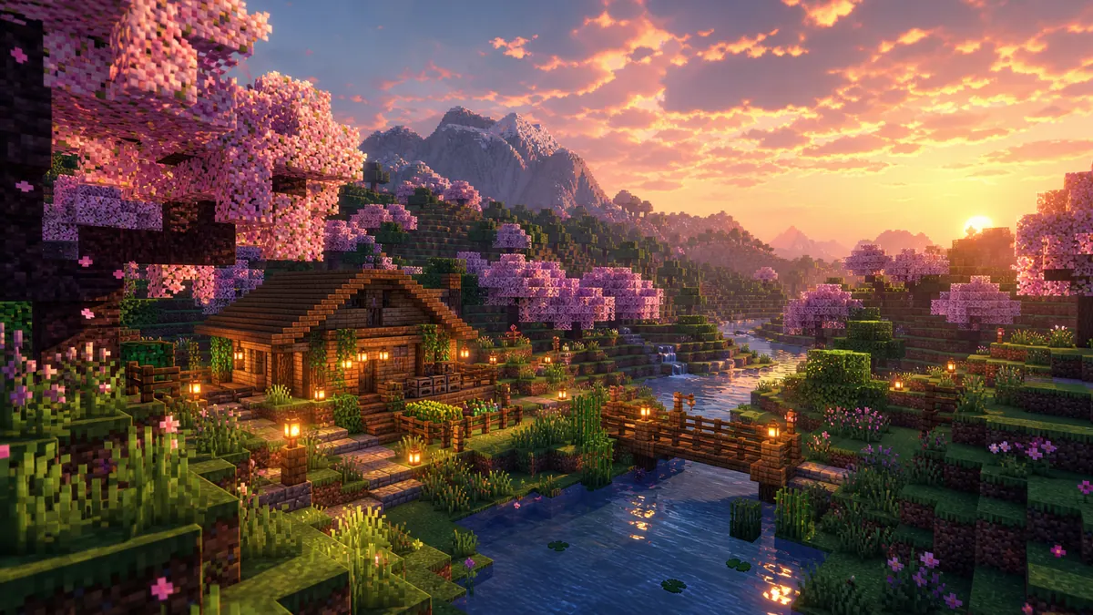 Wallpaper Minecraft บ้านเอาชีวิตรอดกลางหุบเขาซากุระยามเย็น