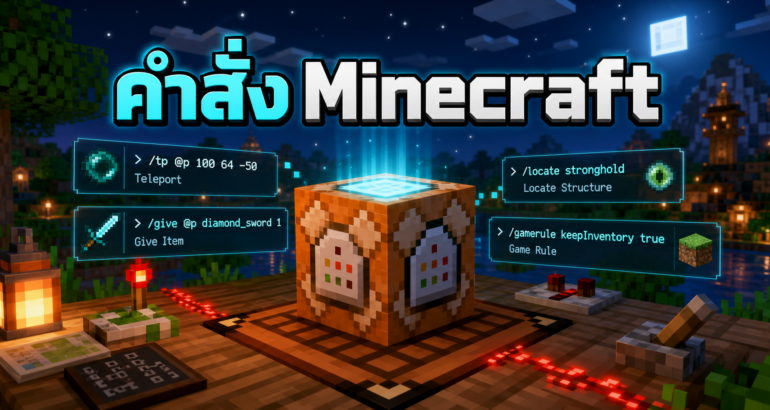 ภาพปกคำสั่ง Minecraft ภาษาไทย พร้อม command block และตัวอย่างคำสั่ง /tp /give /locate /gamerule