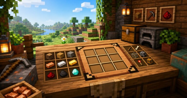 ภาพปกตารางคราฟ Minecraft ภาษาไทย พร้อมโต๊ะคราฟและวัตถุดิบ
