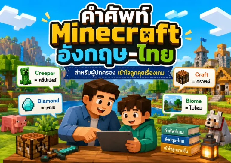 ปกบทความคำศัพท์ Minecraft อังกฤษไทยสำหรับผู้ปกครอง