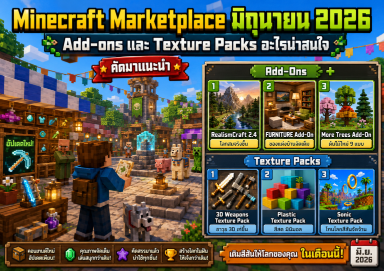 ปก Minecraft Marketplace มิถุนายน 2026 Add-ons และ Texture Packs
