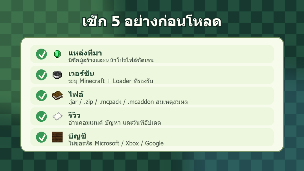 เช็กลิสต์ 5 อย่างก่อนโหลด Mod Add-on และ Resource Pack Minecraft