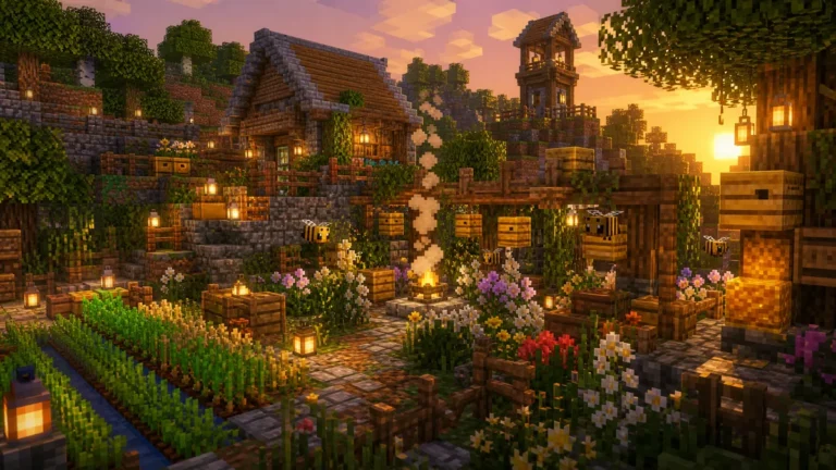Wallpaper Minecraft ฟาร์มผึ้งและบ้าน Survival ยามเย็น