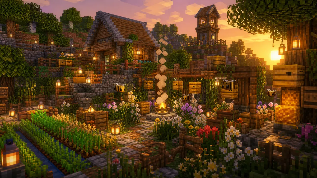 Wallpaper Minecraft ฟาร์มผึ้งและบ้าน Survival ยามเย็น