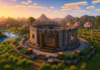 Wallpaper Minecraft หอคอยวงกลมกลางทุ่ง สำหรับไอเดียสร้างฐาน