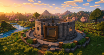 Wallpaper Minecraft หอคอยวงกลมกลางทุ่ง สำหรับไอเดียสร้างฐาน