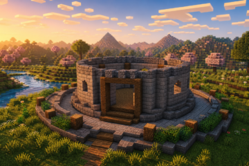 Wallpaper Minecraft หอคอยวงกลมกลางทุ่ง สำหรับไอเดียสร้างฐาน