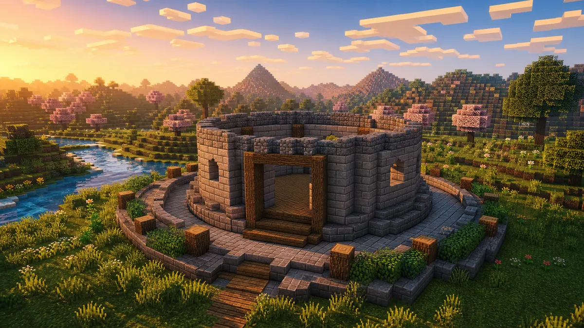 Wallpaper Minecraft หอคอยวงกลมกลางทุ่ง สำหรับไอเดียสร้างฐาน