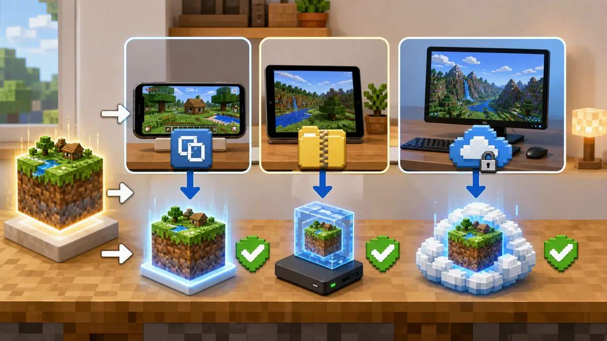 ภาพเปรียบเทียบการทำสำเนาโลก Minecraft Bedrock การเก็บไฟล์สำรอง และการสำรองผ่าน Cloud