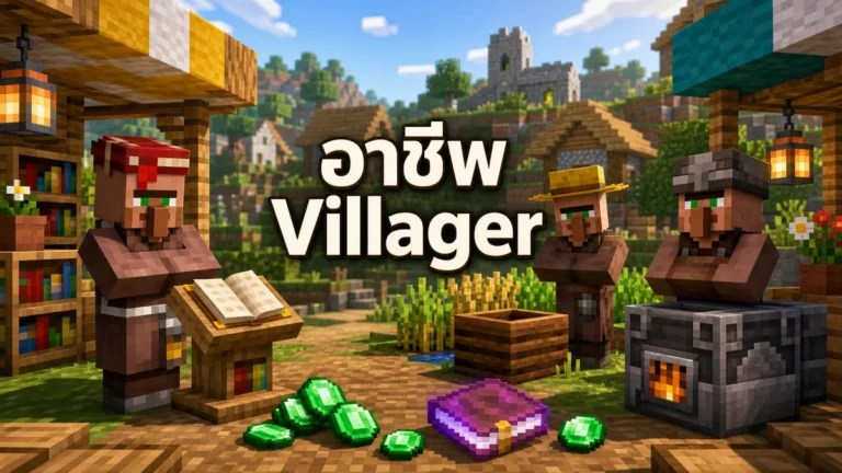 ภาพประกอบอาชีพ Villager: Librarian กับ Lectern, Farmer กับ Composter และ Armorer กับ Blast Furnace