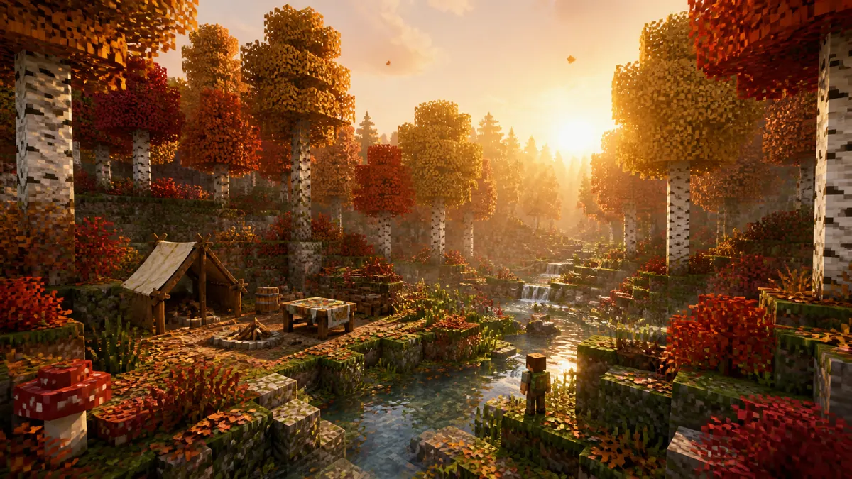 Wallpaper Minecraft ป่า Dappled Forest และแคมป์ร้างยามเช้า