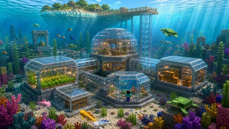 Wallpaper Minecraft ฐานกระจกใต้ทะเลท่ามกลางแนวปะการัง