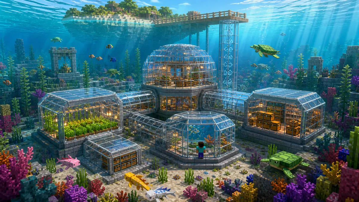 Wallpaper Minecraft ฐานกระจกใต้ทะเลท่ามกลางแนวปะการัง