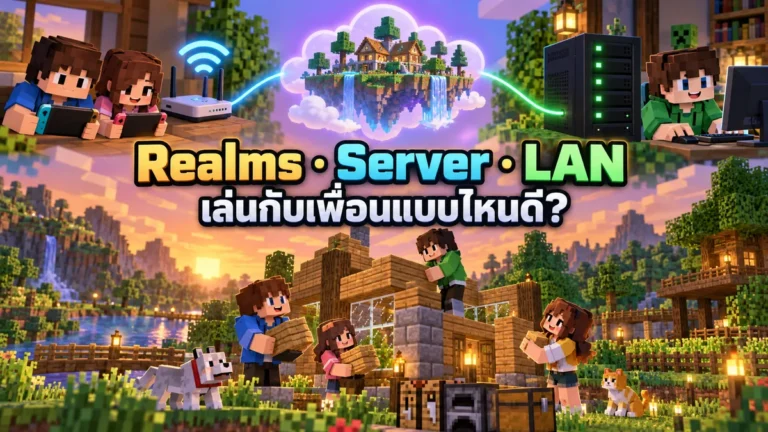 ภาพประกอบ Minecraft เปรียบเทียบการเล่นกับเพื่อนผ่าน Realms เซิร์ฟเวอร์ และ LAN
