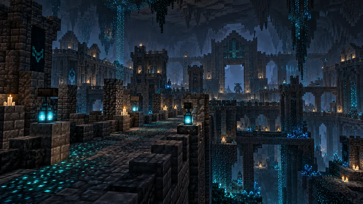 Wallpaper Minecraft Ancient City แฟนอาร์ต AI เมืองใต้ดินและทางเดินแสง Sculk