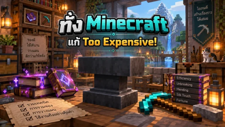 ทั่ง Minecraft กับหนังสือเอนชานท์และ Pickaxe สำหรับคู่มือแก้ Too Expensive