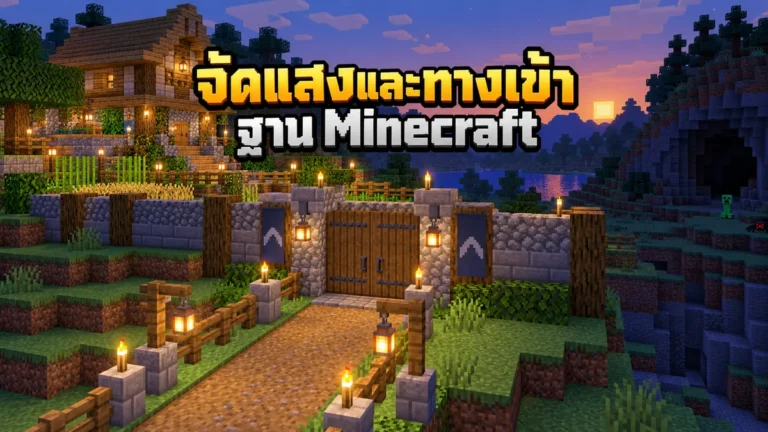 ภาพวาดทางเข้าฐาน Minecraft มีประตูปิด รั้ว คบเพลิง และโคมไฟ