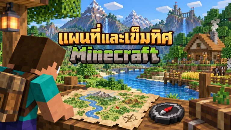 ภาพวาดผู้เล่น Minecraft ใช้แผนที่และเข็มทิศเทียบแม่น้ำกับบ้านที่อยู่ไกล