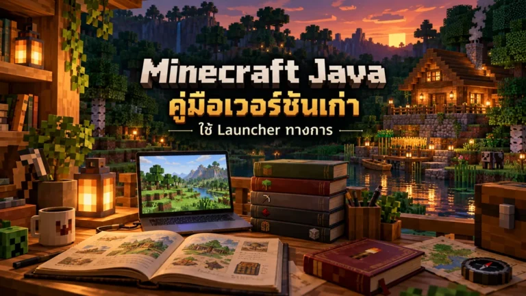 ภาพประกอบคู่มือ Minecraft Java เวอร์ชันเก่า ใช้ Launcher ทางการ มีคอมพิวเตอร์และสมุดอ้างอิงในบ้านบล็อก