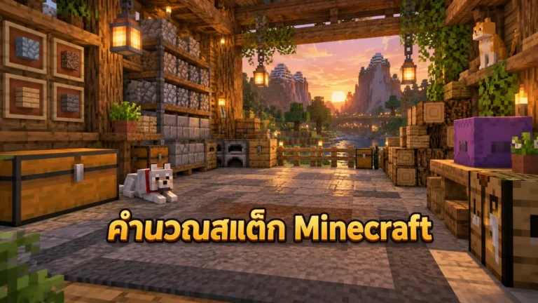 ภาพประกอบห้องเก็บวัสดุ Minecraft พร้อมกล่องและกองบล็อกสำหรับวางแผนสแต็ก