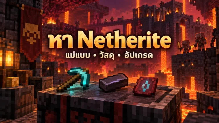 ภาพปก AI คู่มือหา Netherite แสดงอีเต้อเพชร แท่ง Netherite และแม่แบบอัปเกรด