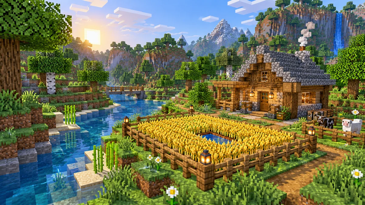 ภาพวาดโลกบล็อก Minecraft บ้านริมน้ำและแปลงข้าวสาลีสีทองกลางวัน