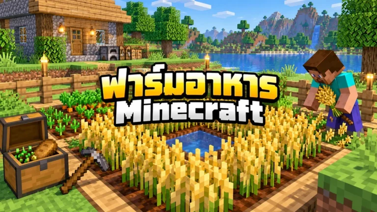 ภาพวาดแปลงอาหาร Minecraft ขนาดเล็ก มีข้าวสาลี น้ำ และอุปกรณ์ทำสวน